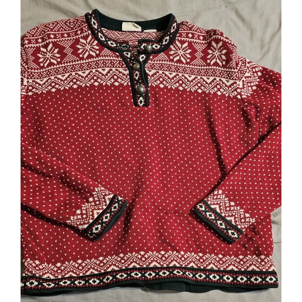 VTG LL Bean Fair Isle Sweater Henley 100% Cotton Holiday Womens Red Nordic